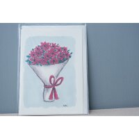 Karte mit roten Blumen zum Strauß gebunden